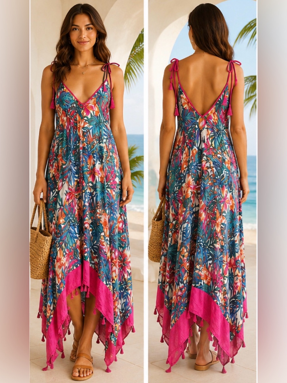 VINCE CAMUTO TROPICAL HANDKERCHIEF MAXI DRESS ASYMMETRICAL TASSEL BOTTOM